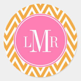 Sticker Rond Monogramme orange et rose de chevrons