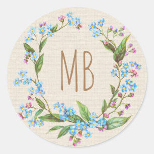 Sticker Rond Monogramme Oublier-Me-Pas De Courbe Bleu Beige Rus