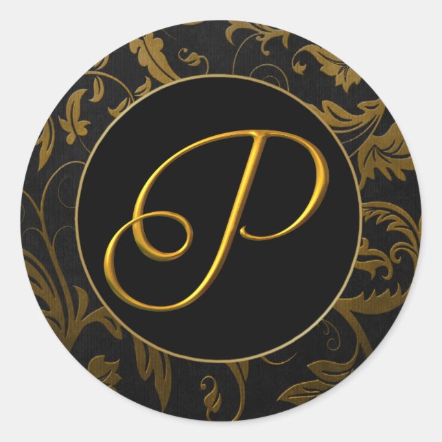 Sticker Rond Monogramme P Gold et Black Mariage damassé Seal (Devant)