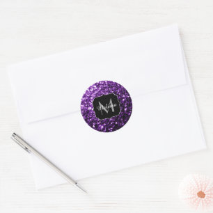 Sticker Rond Monogramme pailleté brillant de couleur violet fon