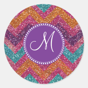 Sticker Rond Monogramme Parties scintillant Chevron rose violet