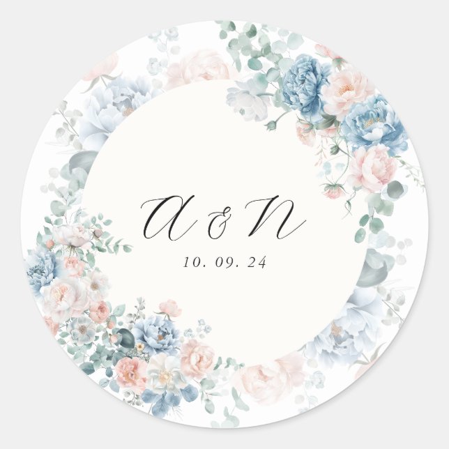 Sticker Rond Monogramme Peach Dusty bleu Faded Floral Mariage (Devant)
