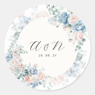 Sticker Rond Monogramme Peach Dusty bleu Faded Floral Mariage