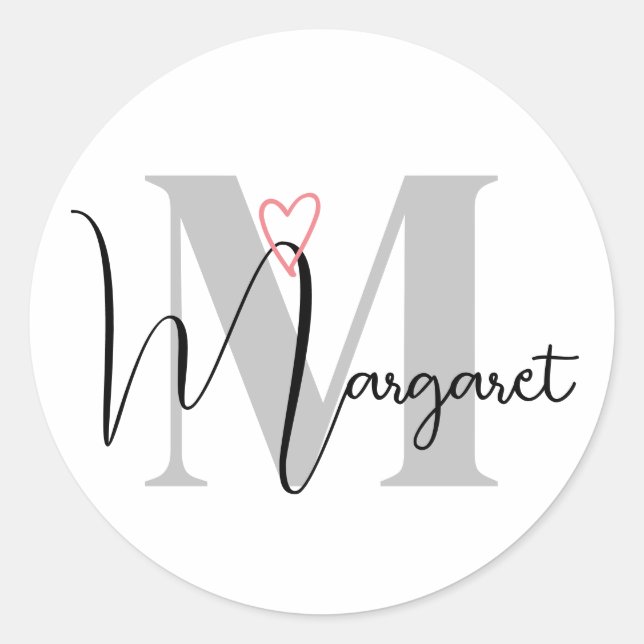 Sticker Rond Monogramme personnalisé calligraphié Cœur rose (Devant)