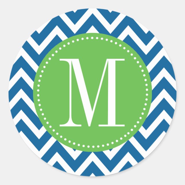 Sticker Rond Monogramme personnalisé Chevron vert et bleu (Devant)