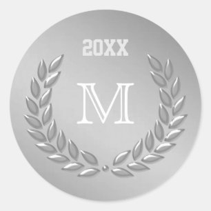 Sticker Rond Monogramme personnalisé Couronne de laurier Gris a