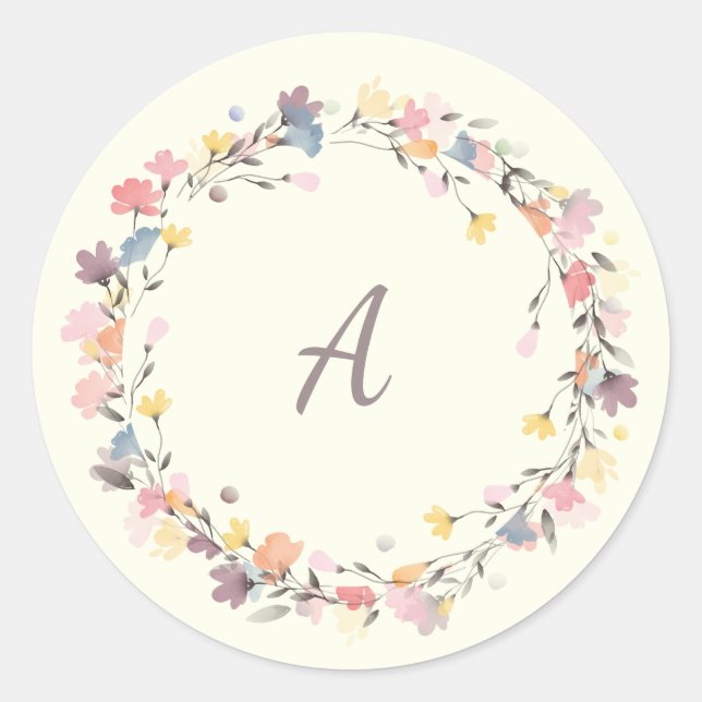 Sticker Rond Monogramme personnalisé de couronne florale pastel (Devant)