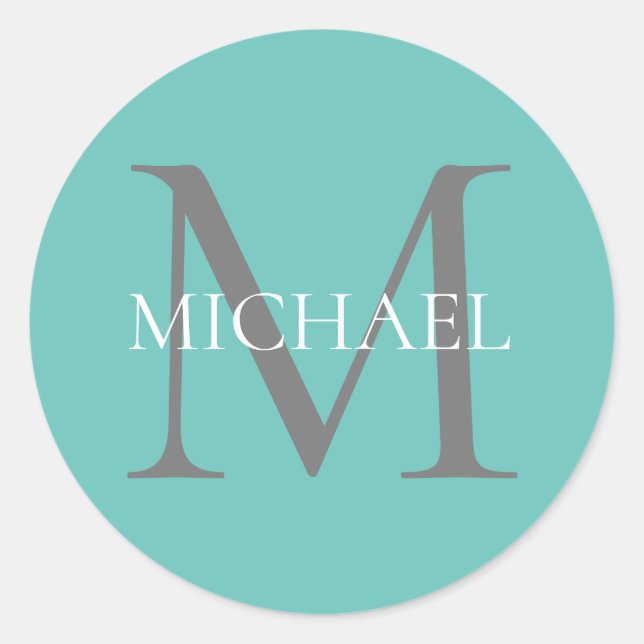 Sticker Rond Monogramme personnalisé et nom Turquoise clair (Devant)