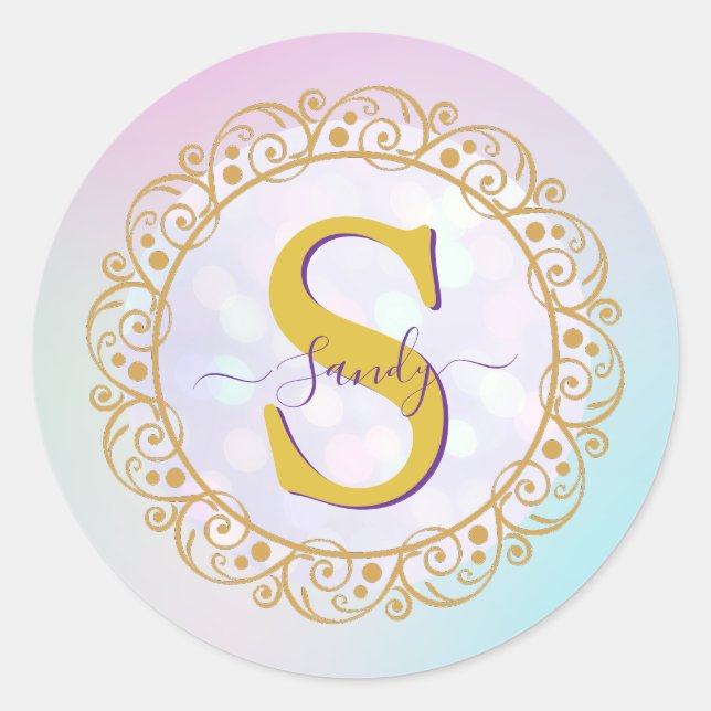 Sticker Rond Monogramme personnalisé Mandala Gold et bleu (Devant)
