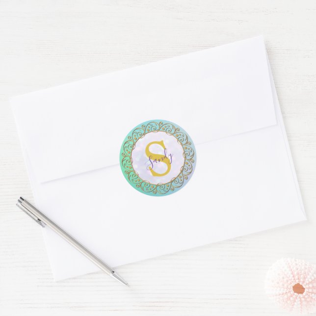 Sticker Rond Monogramme personnalisé Mandala Gold et turquoise (Enveloppe)