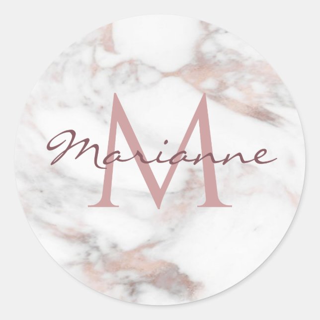 Sticker Rond Monogramme Personnalisé Marbre Moderne Rose Gold (Devant)