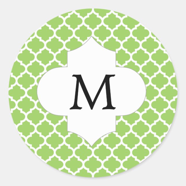 Sticker Rond Monogramme personnalisé Quatrefoil vert et blanc (Devant)