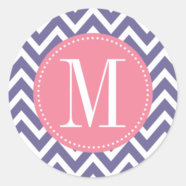Sticker Rond Monogramme personnalisé rose et lavande Chevron (Devant)