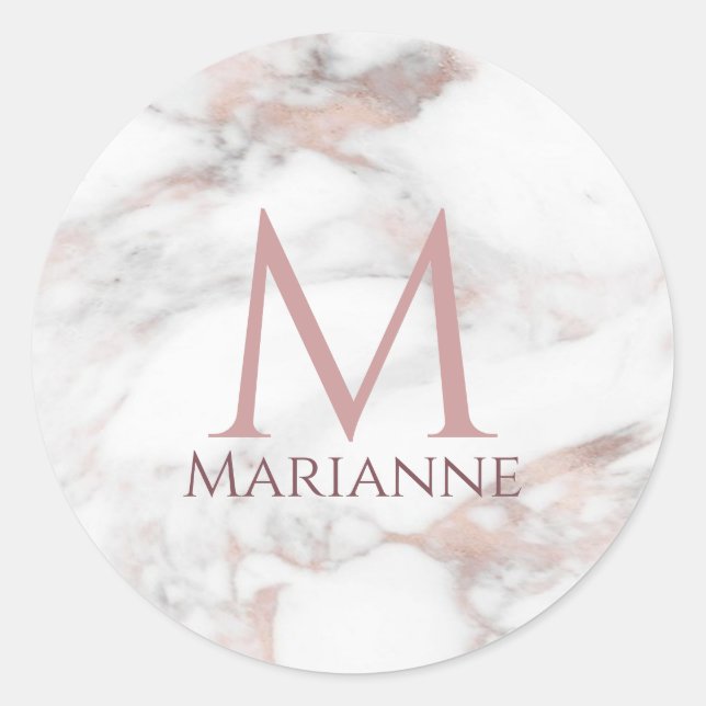 Sticker Rond Monogramme personnalisé Rose or marbre moderne élé (Devant)