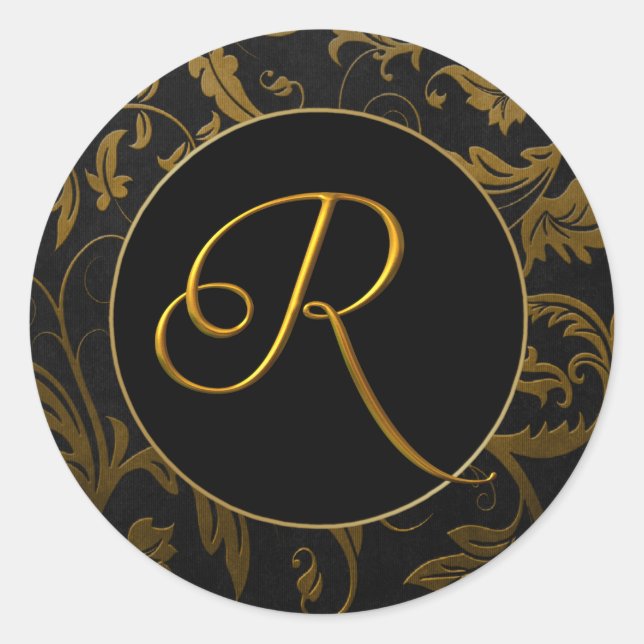 Sticker Rond Monogramme R Gold et Black Mariage damassé Seal (Devant)