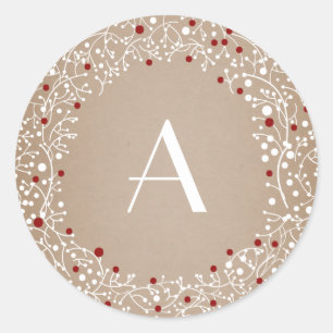Sticker Rond Monogramme Red Berries Wreath Noël