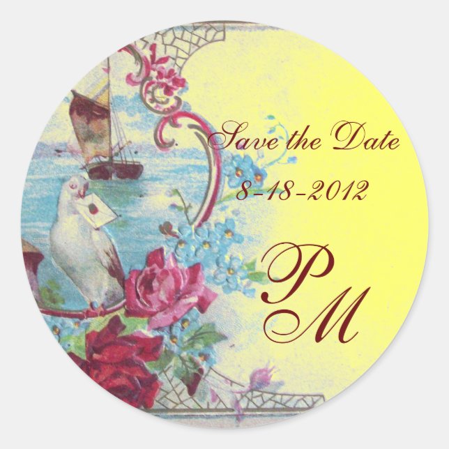 Sticker Rond MONOGRAMME ROMANTICA, Enregistrer la date, jaune (Devant)