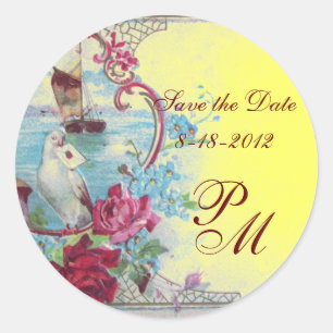 Sticker Rond MONOGRAMME ROMANTICA, Enregistrer la date, jaune