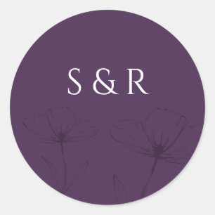 Sticker Rond Monogramme Rond en Dessin au Trait Floral Violet E