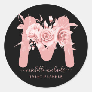 Sticker Rond Monogramme rose d'aquarelle noire
