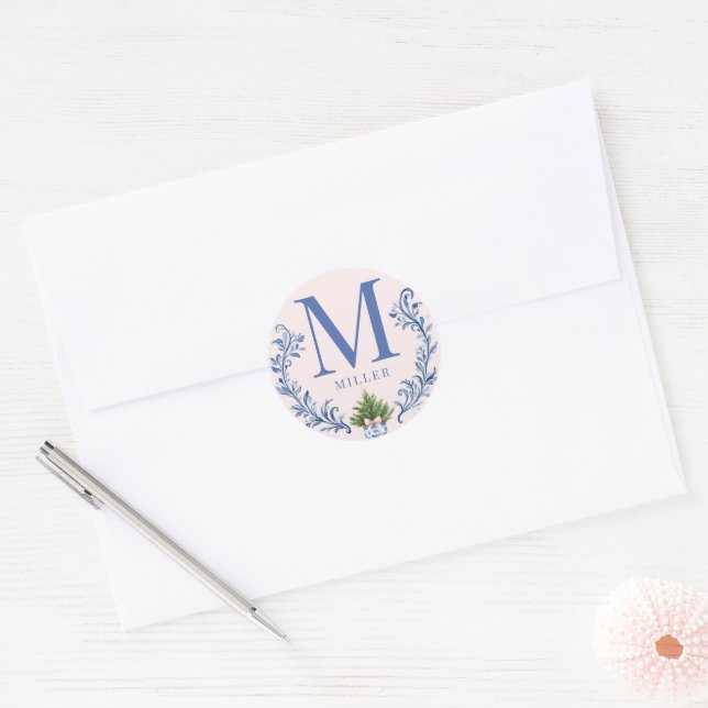 Sticker Rond Monogramme rose et bleu Damas (Enveloppe)