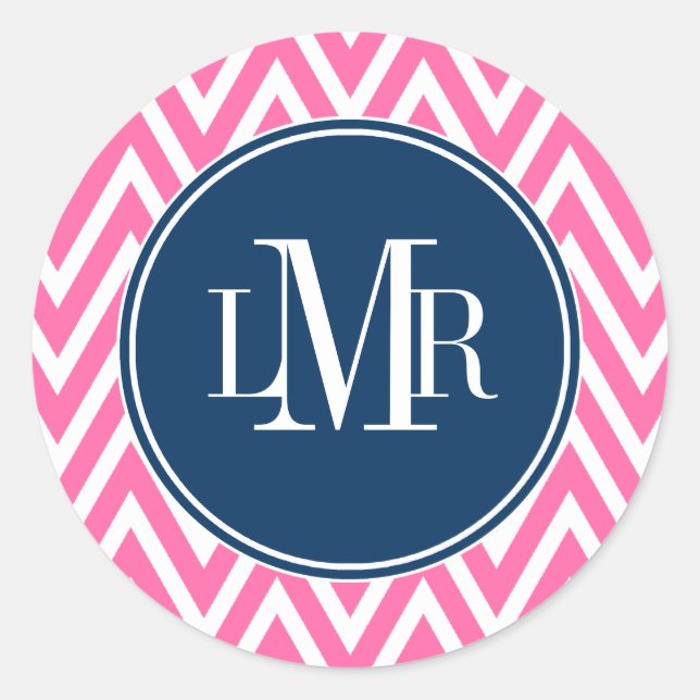 Sticker Rond Monogramme rose et bleu marine Chevrons (Devant)