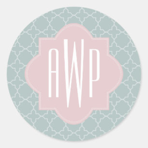 Sticker Rond Monogramme rose et vert de Quatrefoil