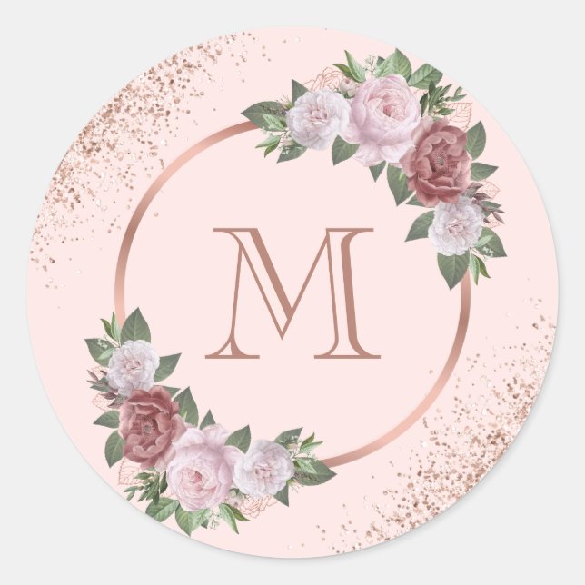 Sticker Rond Monogramme Rose or bleu rose floral (Devant)