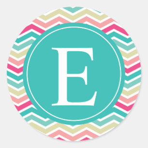 Sticker Rond Monogramme rose Turquoise Chevron