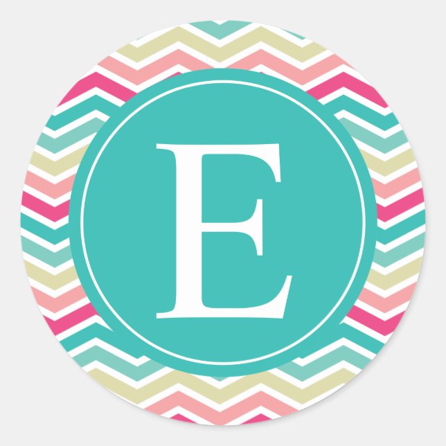 Sticker Rond Monogramme rose Turquoise Chevron (Devant)
