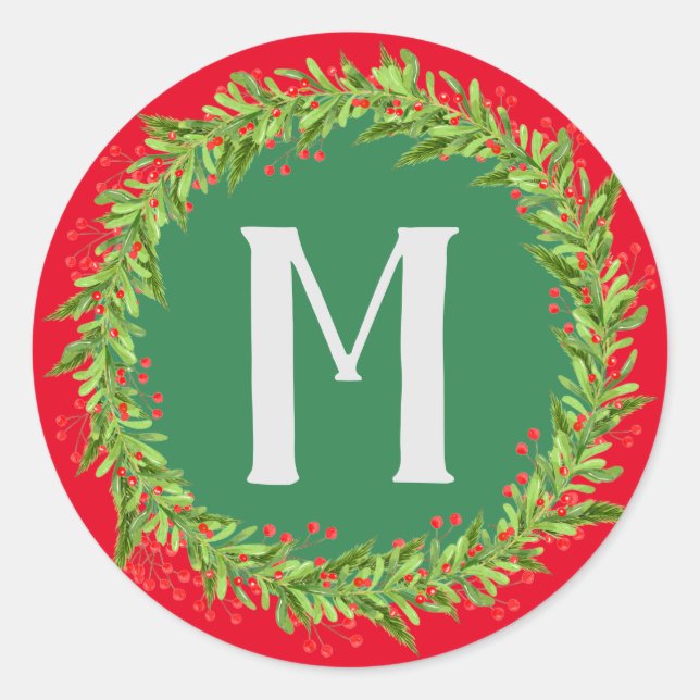 Sticker Rond Monogramme Rouge et vert Wreath Noël (Devant)