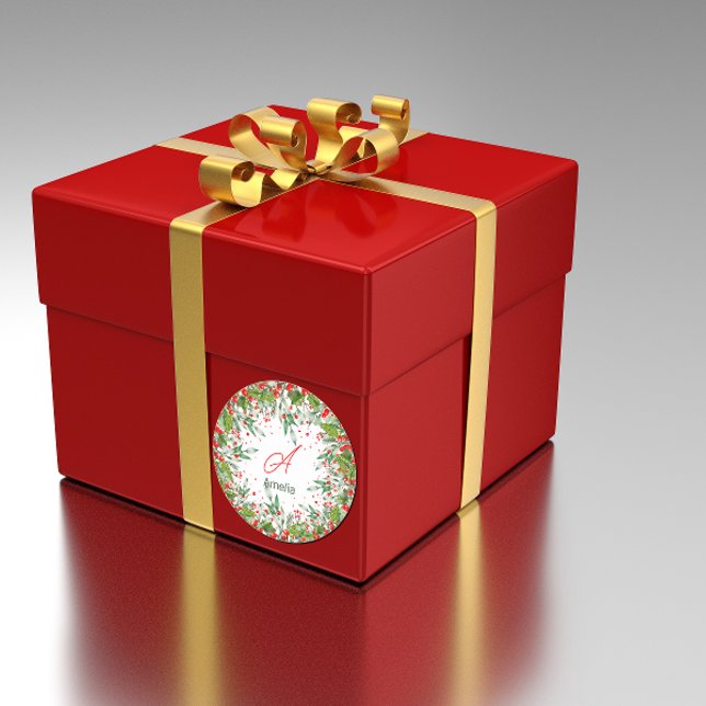 Sticker Rond Monogramme Rouge Noël vert Classic Round St (Créateur téléchargé)