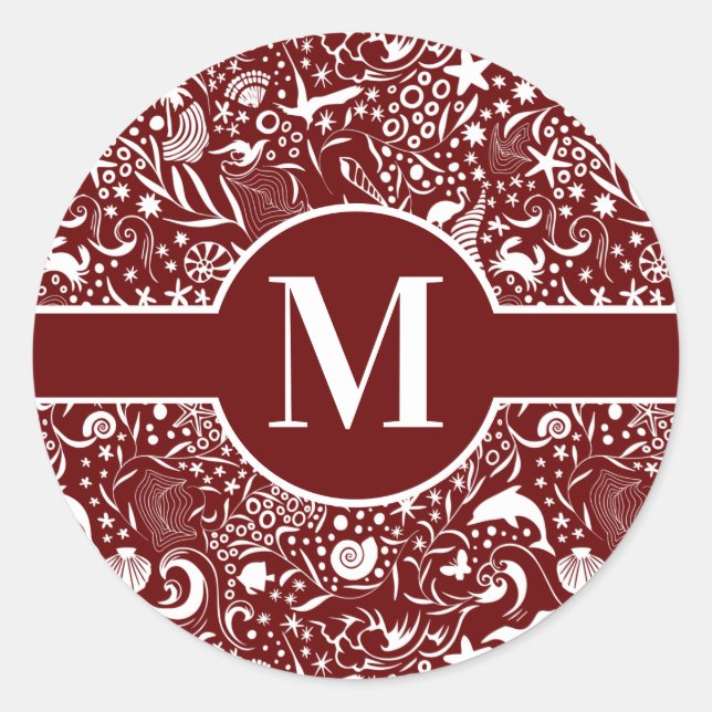 Sticker Rond Monogramme rouge Océan Motif initial Classic Round (Devant)