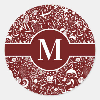 Sticker Rond Monogramme rouge Océan Motif initial Classic Round