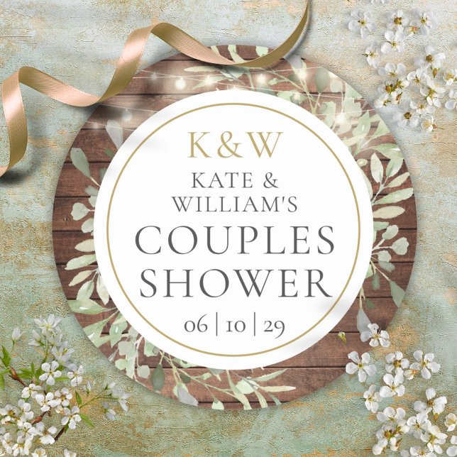 Sticker Rond Monogramme rustique Couples de verdure Wedding sho (Rustic Monogram Greenery Couples Wedding Shower Classic Round Sticker)