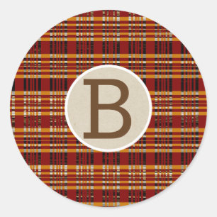 Sticker Rond Monogramme rustique Kraft Brown & Orange Plaid