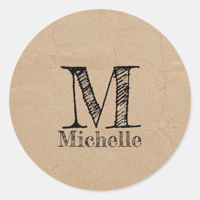 Sticker Rond Monogramme Rustique Kraft papier Brown Look (Devant)