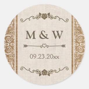 Sticker Rond Monogramme Rustique Mariage de dentelle Burlap