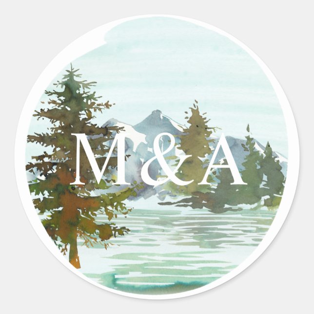 Sticker Rond Monogramme rustique Montagnes & Arbres (Devant)
