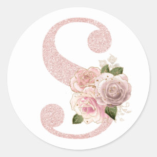 Sticker Rond Monogramme S Floral Pailleté Rose Doré Féminin