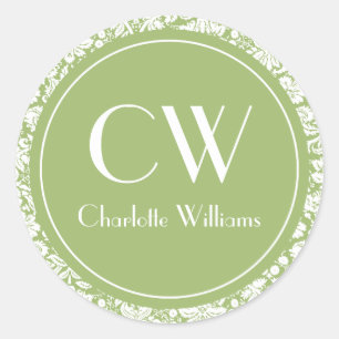 Sticker Rond Monogramme Sage Green Damask