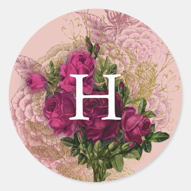 Sticker Rond Monogramme | Sceau d'enveloppe florale blush & Bou (Devant)
