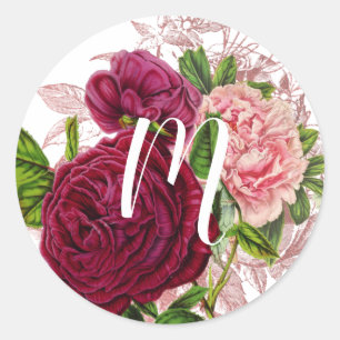 Sticker Rond Monogramme Script   Fleurs Rose et Bourgogne