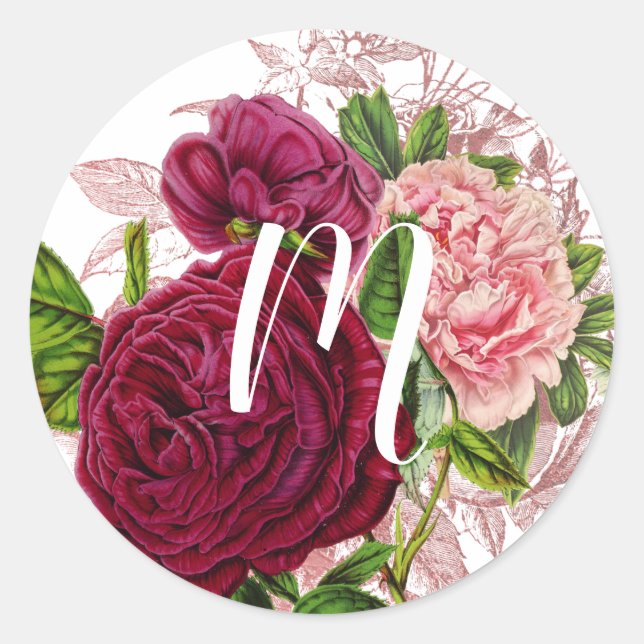 Sticker Rond Monogramme Script | Floral Blush et Bourgogne (Devant)
