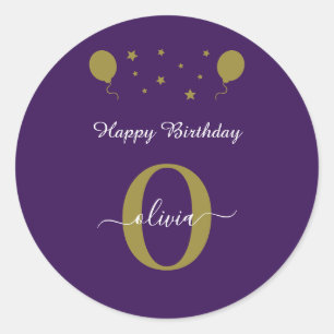 Sticker Rond Monogramme Script Joyeux Anniversaire Purple Blanc