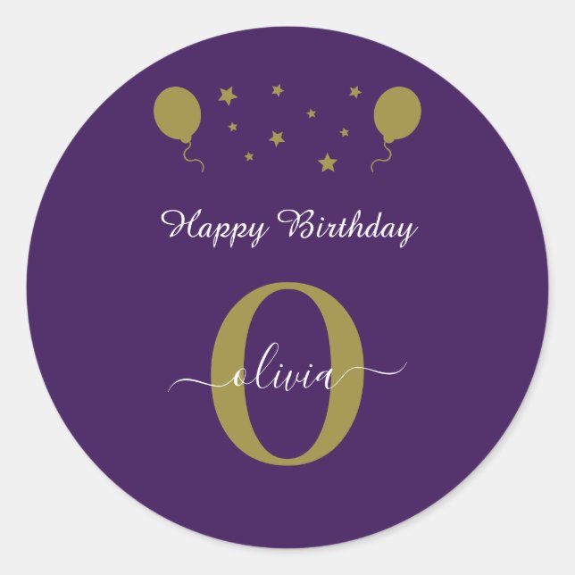 Sticker Rond Monogramme Script Joyeux Anniversaire Purple Blanc (Devant)