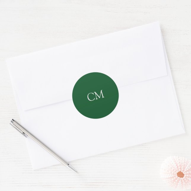 Sticker Rond monogramme simple vert foncé (Enveloppe)