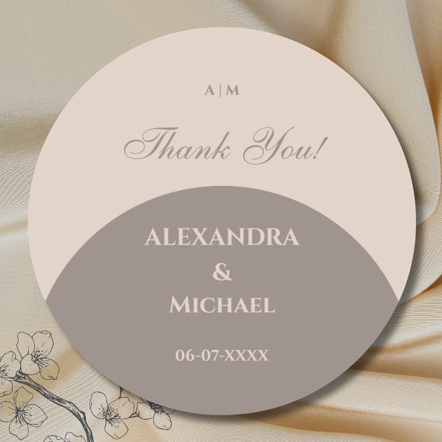 Sticker Rond Monogramme Taupe Japandi Merci Mariage (Créateur téléchargé)