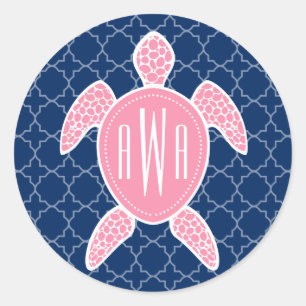 Sticker Rond Monogramme Tortue de mer rose bleu Quatrefoil