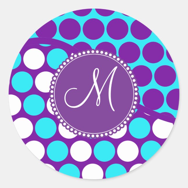 Sticker Rond Monogramme Turquoise initial Pois pourpres personn (Devant)